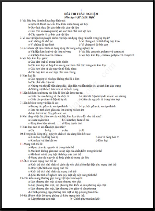 Đề thi trắc nghiệm Vật liệu học