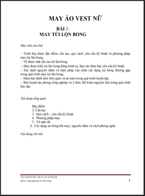 Giáo trình May áo vest nữ một lớp